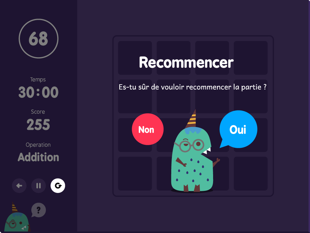 visuel de l'application pour recommencer